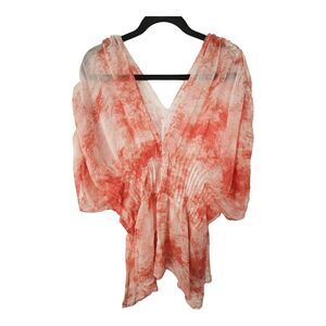 POL Tie Dye Deep V-Neck Sheer Blouse Lace Pleated Gathered Sleeves Women's Small